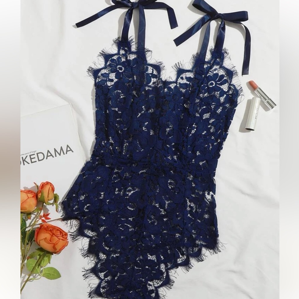 NWT Blue Lace Tie Shoulder Bodysuit